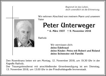 Traueranzeige von Peter Unterweger von Allgäuer Anzeigeblatt