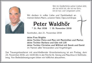 Traueranzeige von Peter Waldhör von Allgäuer Anzeigeblatt