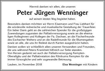 Traueranzeige von Peter Jürgen Wenninger von Allgäuer Zeitung,Kempten