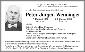 Traueranzeige von Peter Jürgen Wenninger von Allgäuer Zeitung,Kempten