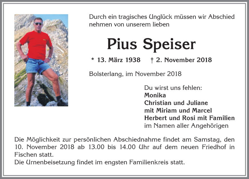  Traueranzeige für Pius Speiser vom 08.11.2018 aus Allgäuer Anzeigeblatt
