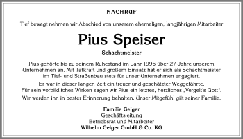 Traueranzeige von Pius Speiser von Allgäuer Anzeigeblatt