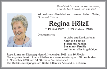 Traueranzeige von Regina Hölzli von Allgäuer Zeitung,Kempten