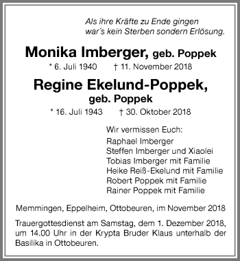 Traueranzeige von Regine Ekelund-Poppek von Memminger Zeitung