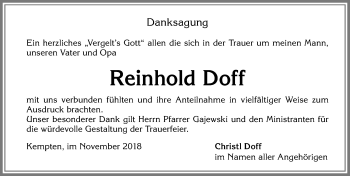 Traueranzeige von Reinhold Doff von Allgäuer Zeitung,Kempten