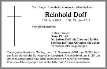 Traueranzeige von Reinhold Doff von Allgäuer Zeitung,Kempten