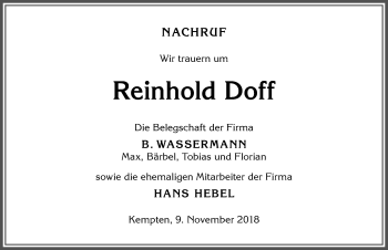 Traueranzeige von Reinhold Doff von Allgäuer Zeitung,Kempten