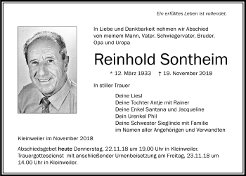 Traueranzeige von Reinhold Sontheim von Allgäuer Zeitung,Kempten