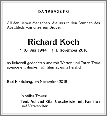 Traueranzeige von Richard Koch von Allgäuer Anzeigeblatt