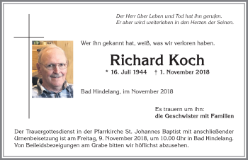 Traueranzeige von Richard Koch von Allgäuer Anzeigeblatt
