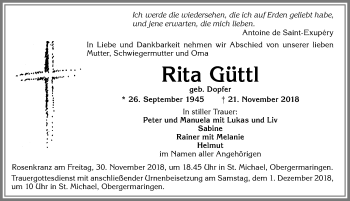 Traueranzeige von Rita Güttl von Allgäuer Zeitung, Kaufbeuren/Buchloe