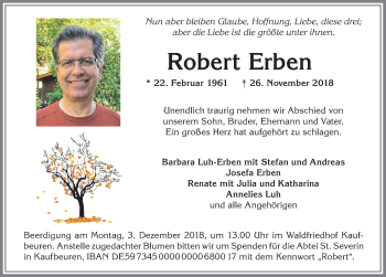 Traueranzeige von Robert Erben von Allgäuer Zeitung, Kaufbeuren/Buchloe