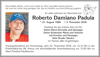 Traueranzeige von Roberto Damiano Padula von Allgäuer Zeitung, Kaufbeuren/Buchloe