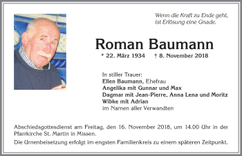 Traueranzeige von Roman Baumann von Allgäuer Anzeigeblatt