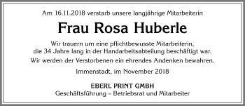 Traueranzeige von Rosa Huberle von Allgäuer Anzeigeblatt