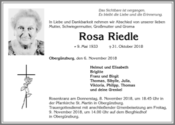 Traueranzeige von Rosa Riedle von Allgäuer Zeitung, Marktoberdorf