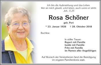 Traueranzeige von Rosa Schöner von Allgäuer Zeitung, Kaufbeuren/Buchloe
