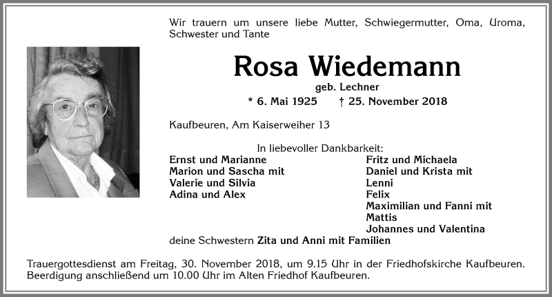  Traueranzeige für Rosas Wiedemann vom 28.11.2018 aus Allgäuer Zeitung, Kaufbeuren/Buchloe