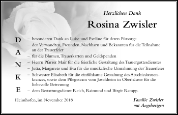 Traueranzeige von Rosina Zwisler von Der Westallgäuer
