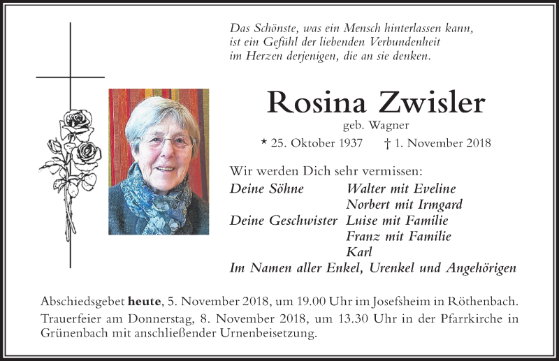  Traueranzeige für Rosina Zwisler vom 05.11.2018 aus Der Westallgäuer