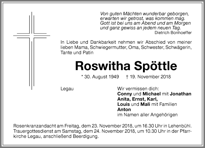  Traueranzeige für Roswitha Spöttle vom 22.11.2018 aus Memminger Zeitung