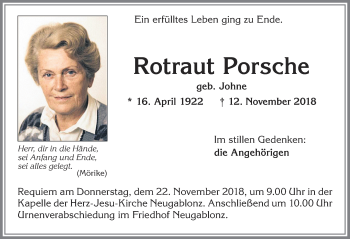 Traueranzeige von Rotraut Porsche von Allgäuer Zeitung, Kaufbeuren/Buchloe