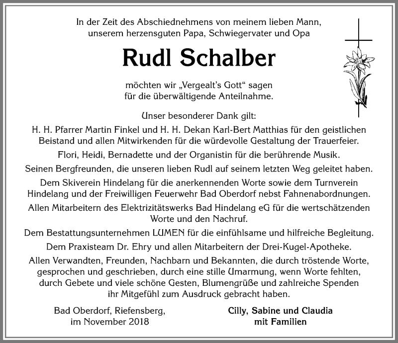  Traueranzeige für Rudl Schalber vom 17.11.2018 aus Allgäuer Anzeigeblatt