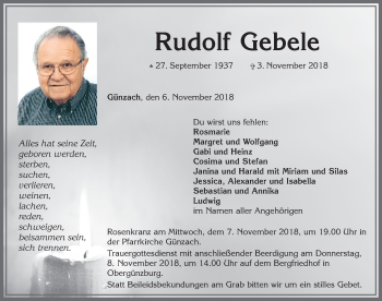 Traueranzeige von Rudolf Gebele von Allgäuer Zeitung, Marktoberdorf
