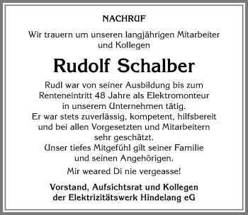 Traueranzeige von Rudolf Schalber von Allgäuer Anzeigeblatt