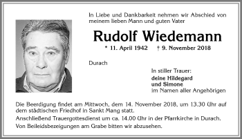 Traueranzeige von Rudolf Wiedemann von Allgäuer Zeitung,Kempten