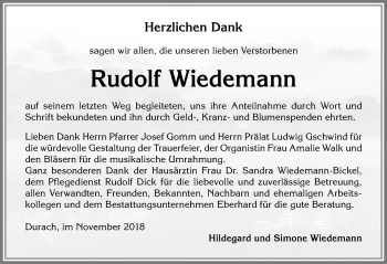 Traueranzeige von Rudolf Wiedemann von Allgäuer Zeitung,Kempten