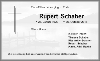 Traueranzeige von Rupert Schaber von Allgäuer Zeitung,Kempten