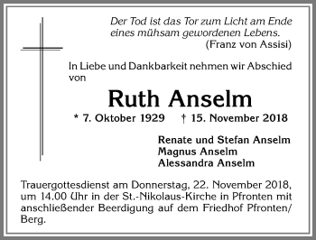 Traueranzeige von Ruth Anselm von Allgäuer Zeitung, Füssen