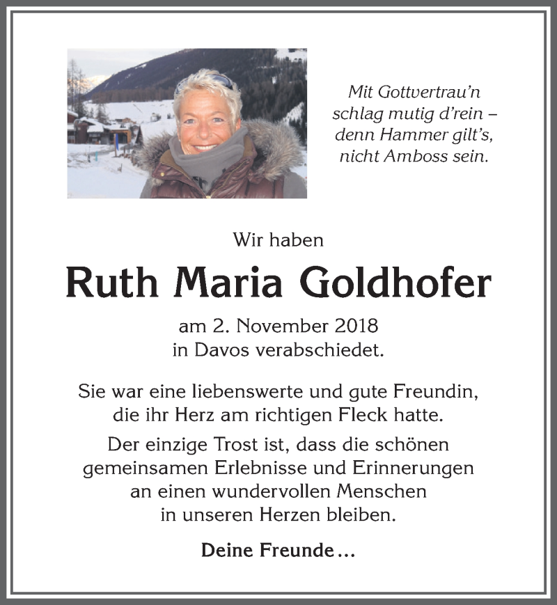  Traueranzeige für Ruth Maria Goldhofer vom 10.11.2018 aus Memminger Zeitung