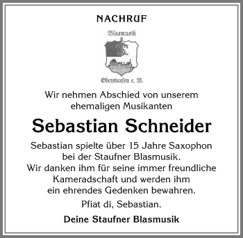 Traueranzeige von Sebastian Schneider von Allgäuer Anzeigeblatt