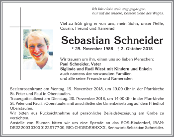 Traueranzeige von Sebastian Schneider von Allgäuer Anzeigeblatt