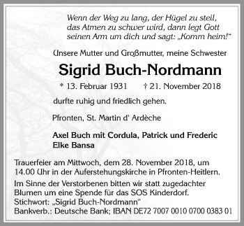 Traueranzeige von Sigrid Buch-Nordmann von Allgäuer Zeitung, Füssen