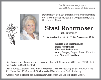 Traueranzeige von Stasi Rohrmoser von Allgäuer Anzeigeblatt