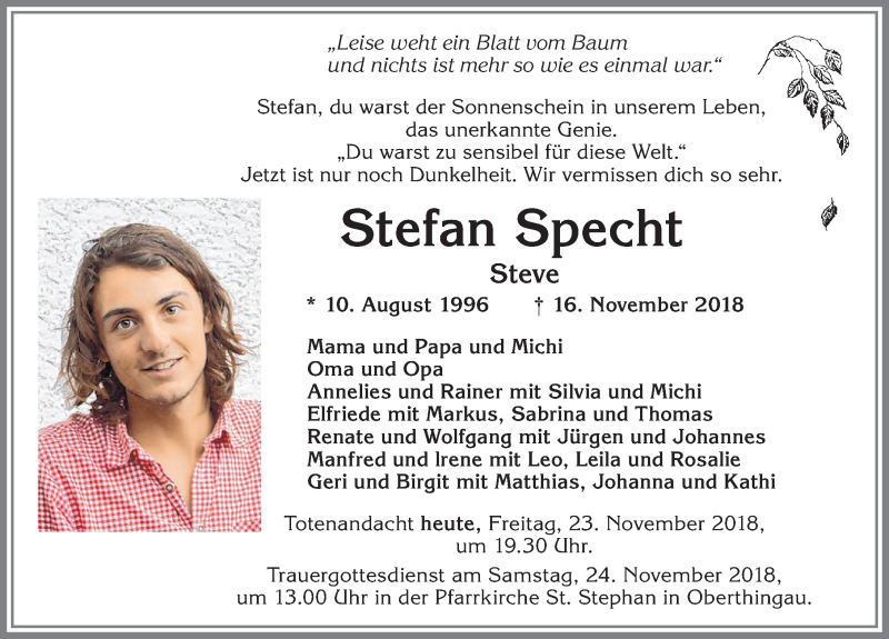  Traueranzeige für Stefan Specht vom 23.11.2018 aus Allgäuer Zeitung, Marktoberdorf