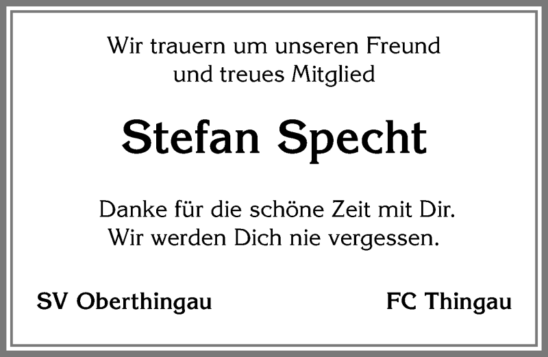  Traueranzeige für Stefan Specht vom 26.11.2018 aus Allgäuer Zeitung, Marktoberdorf