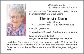 Traueranzeige von Theresia Dorn von Allgäuer Zeitung,Kempten