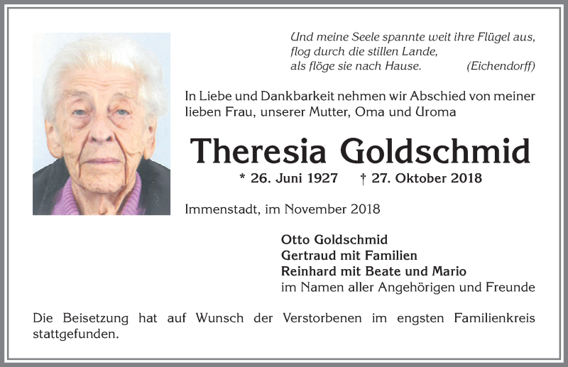  Traueranzeige für Theresia Goldschmid vom 14.11.2018 aus Allgäuer Anzeigeblatt