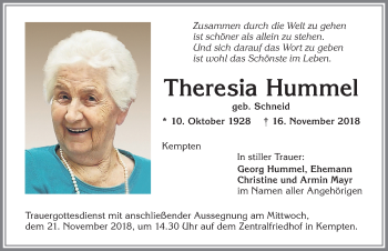 Traueranzeige von Theresia Hummel von Allgäuer Zeitung,Kempten