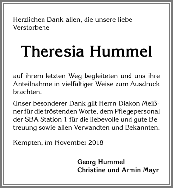 Traueranzeige von Theresia Hummel von Allgäuer Zeitung,Kempten
