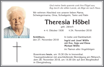 Traueranzeige von Theresia Höbel von Allgäuer Zeitung, Marktoberdorf