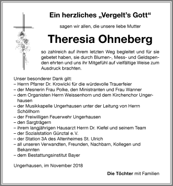 Traueranzeige von Theresia Ohneberg von Memminger Zeitung