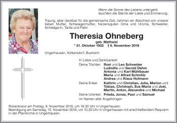 Traueranzeige von Theresia Ohneberg von Memminger Zeitung