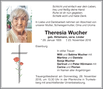 Traueranzeige von Theresia Wucher von Memminger Zeitung