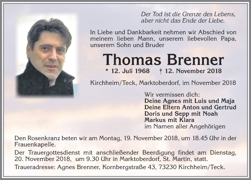  Traueranzeige für Thomas Brenner vom 17.11.2018 aus Allgäuer Zeitung, Marktoberdorf