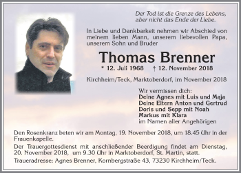 Traueranzeige von Thomas Brenner von Allgäuer Zeitung, Marktoberdorf